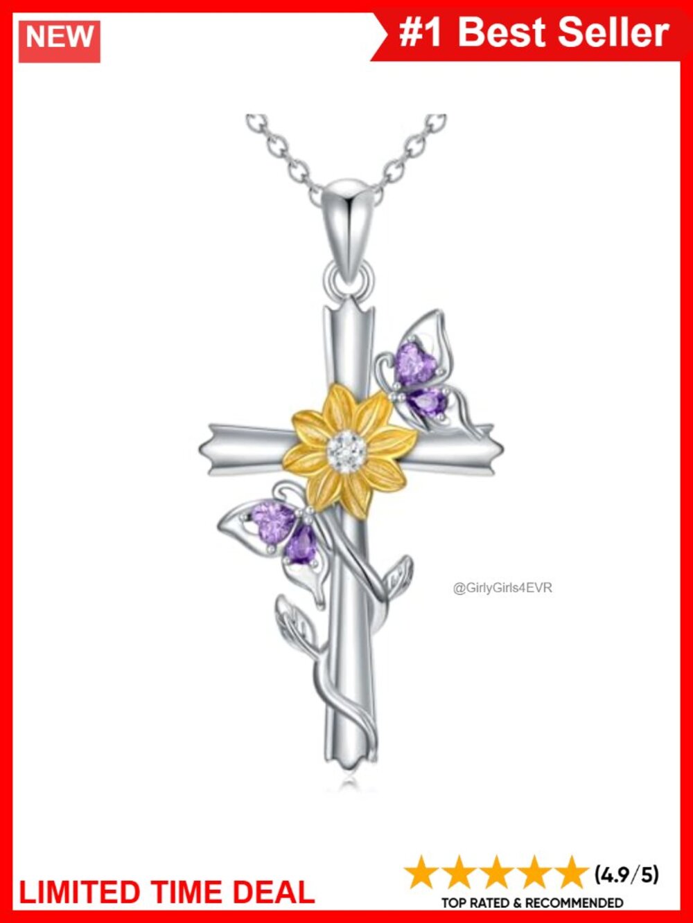 14K White Gold Plated Butterfly Sunflower Cross Pendant Necklace